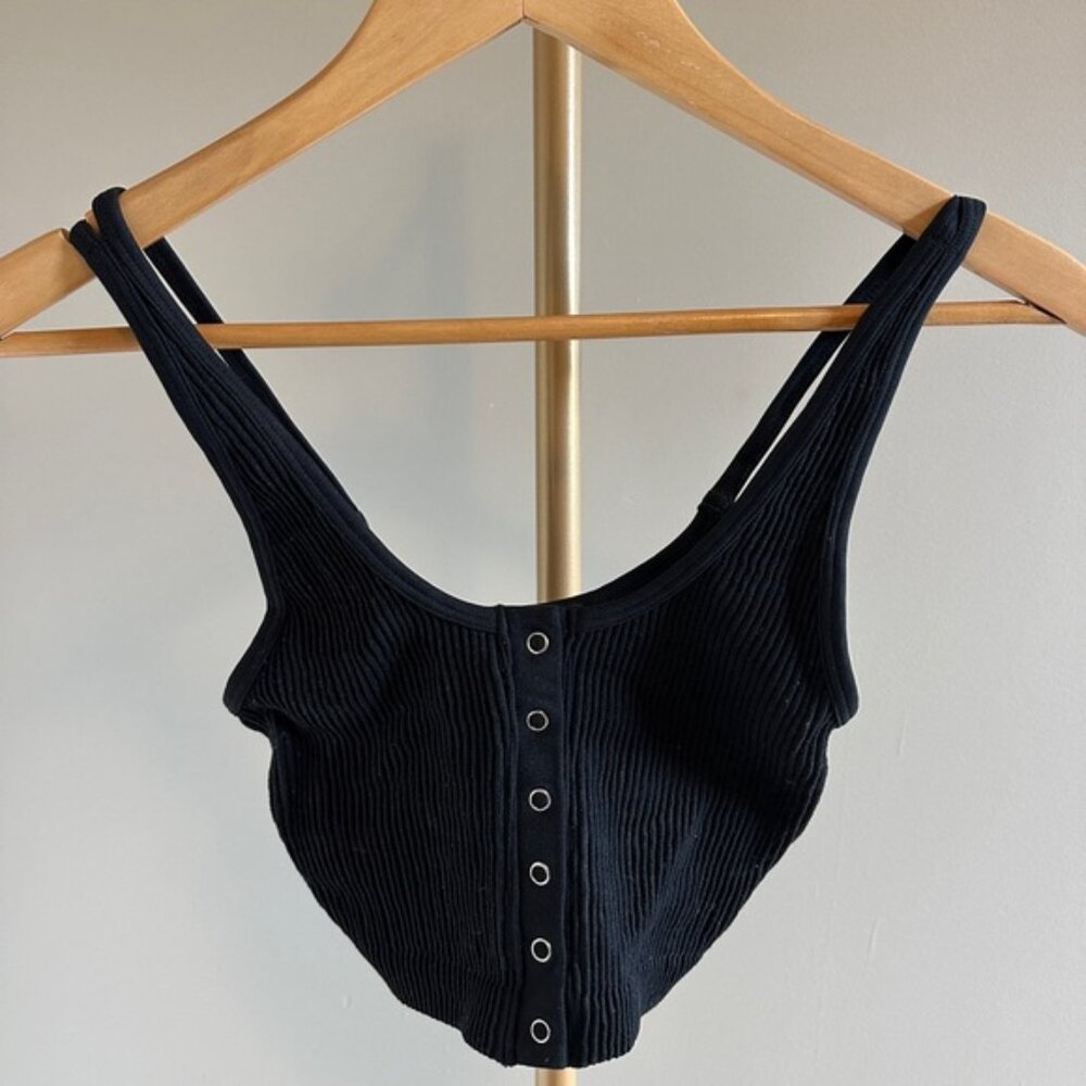 Aerie Ribbed Cropped Tank Top Black Small Faux Snap Front